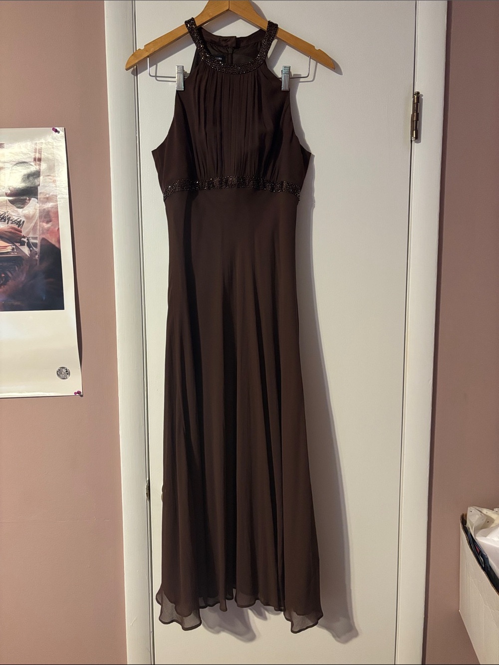 Vintage Y2K Silk Beaded Brown Formal Long Dress Gala Party Special Occasion Cute - Picture 3 of 17